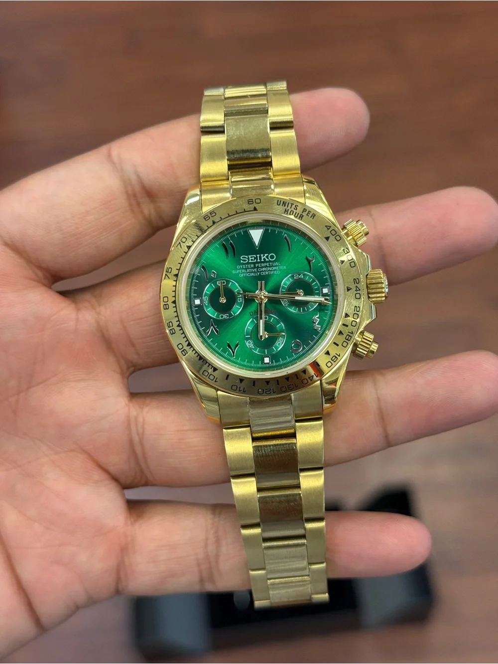 Seiko mod Gold Bracelet Chronograph with Green Dial Arabic Mens watch